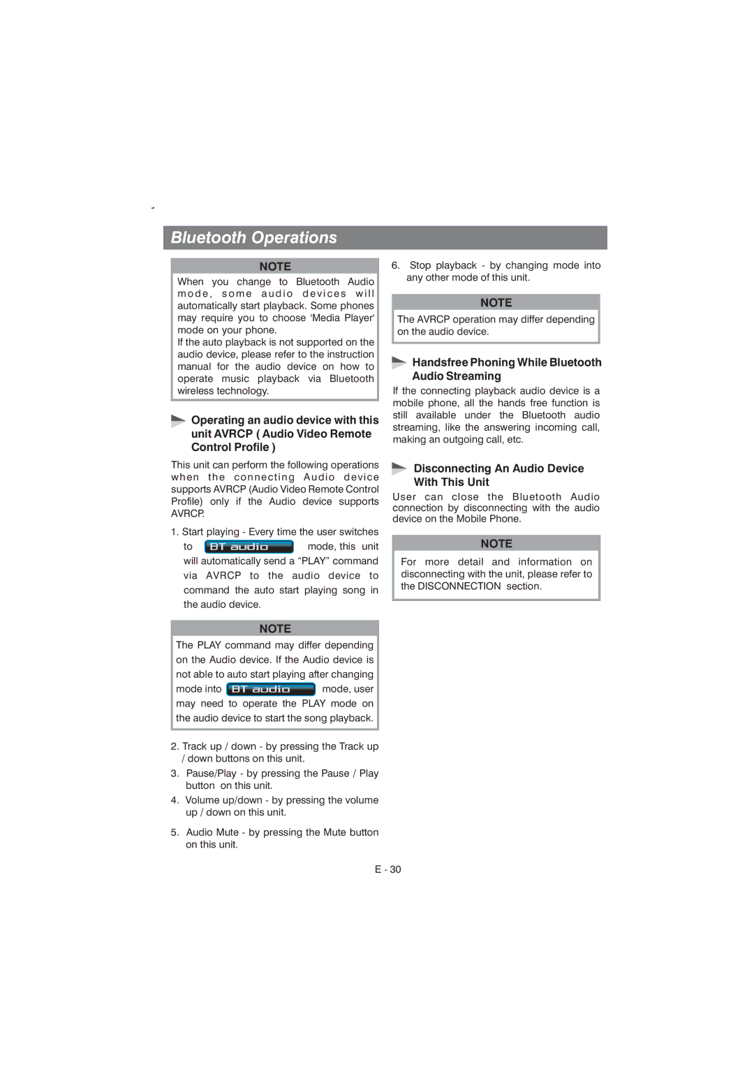 Boss Audio Systems BV9355B Handsfree Phoning While Bluetooth Audio Streaming, Disconnecting An Audio Device With This Unit 