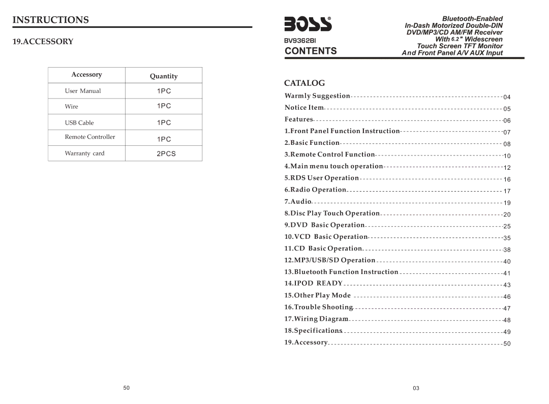 Boss Audio Systems BV9362BI specifications Accessory 