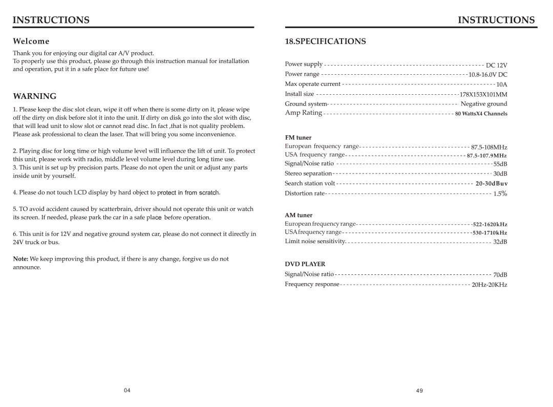 Boss Audio Systems BV9362BI specifications Welcome, Specifications 