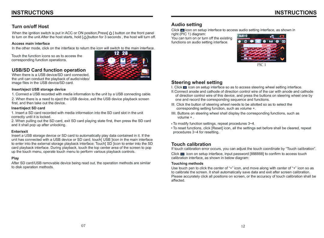 Boss Audio Systems BV9557 manual Turn on/off Host, USB/SD Card function operation, Audio setting, Steering wheel setting 