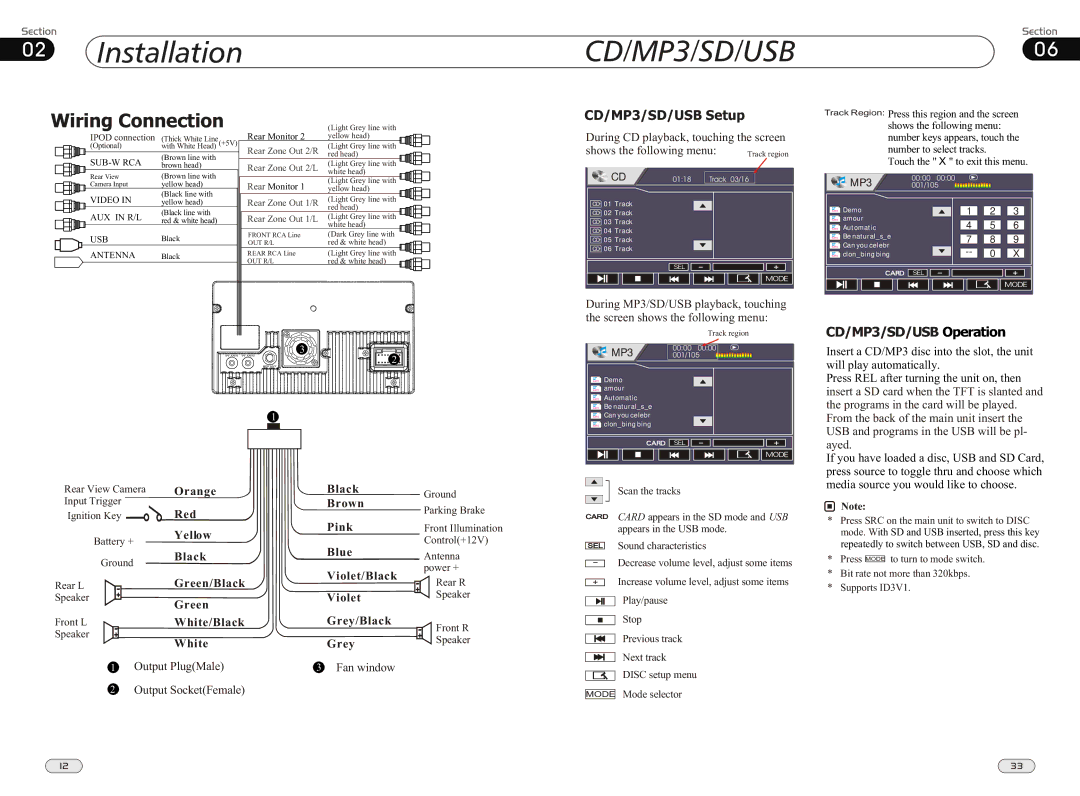 Boss Audio Systems BV9562I manual Wiring Connection, CD/MP3/SD/USB Setup, CD/MP3/SD/USB Operation 