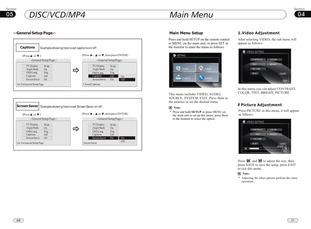 Boss Audio Systems BV9562I manual General Setup, Main Menu Setup, Video Adjustment, Picture Adjustment 