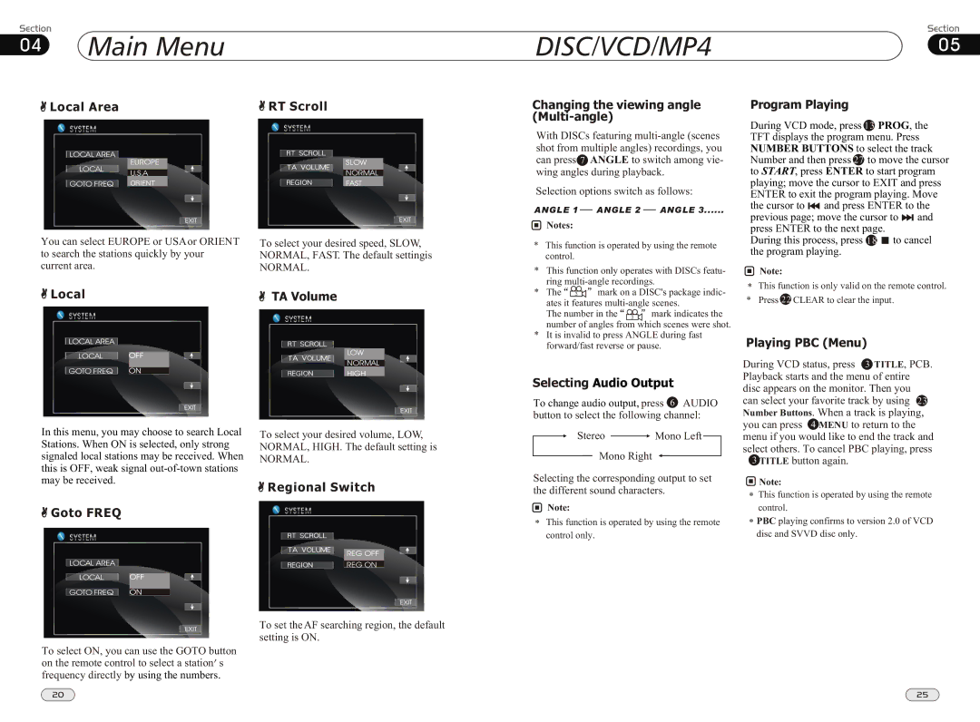 Boss Audio Systems BV9562I manual Local TA Volume, Playing PBC Menu, Regional Switch 