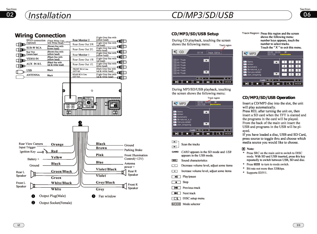 Boss Audio Systems BV9562I Installation, Wiring Connection, CD/MP3/SD/USB Setup, CD/MP3/SD/USB Operation, CD/MP3/SD/USB06 