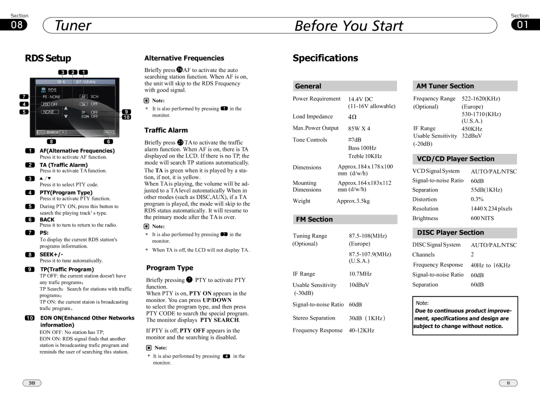 Boss Audio Systems bv9565bi manual Tuner, RDS Setup, Specifications 