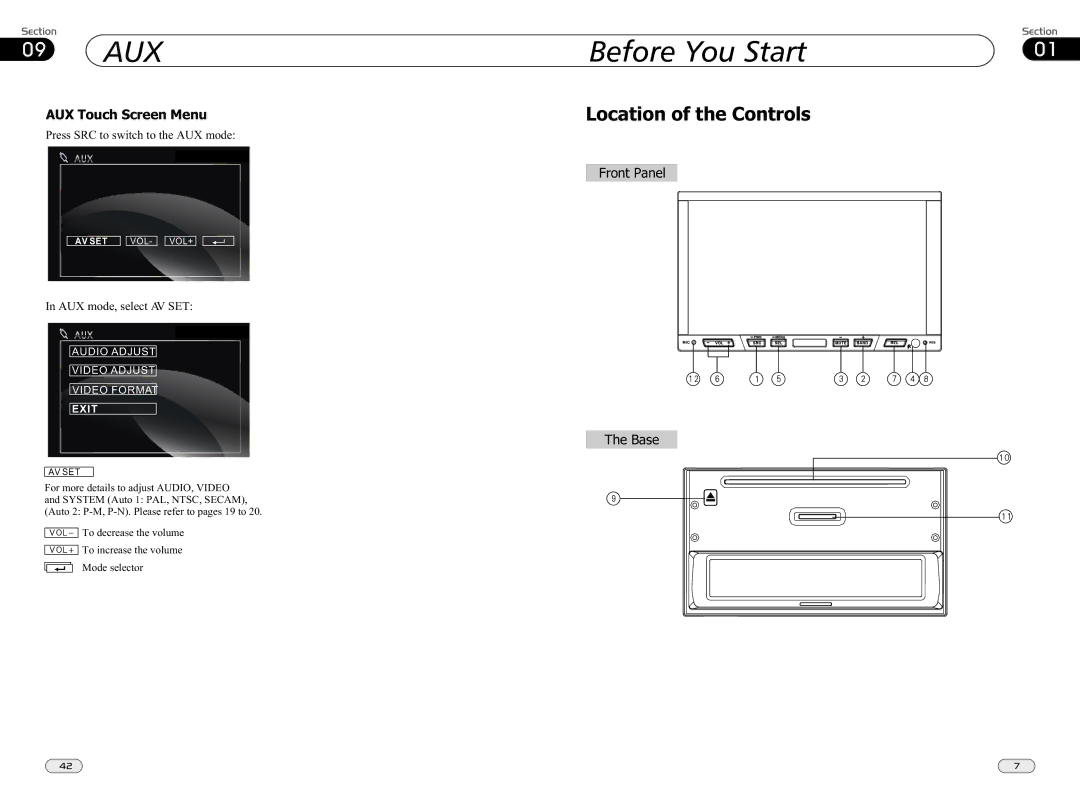 Boss Audio Systems bv9565bi manual Location of the Controls, AUX Touch Screen Menu, Press SRC to switch to the AUX mode 