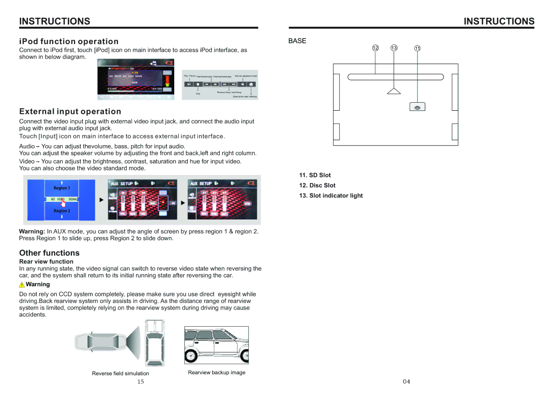 Boss Audio Systems BV9566BI manual IPod function operation, External input operation, Other functions, Rear view function 