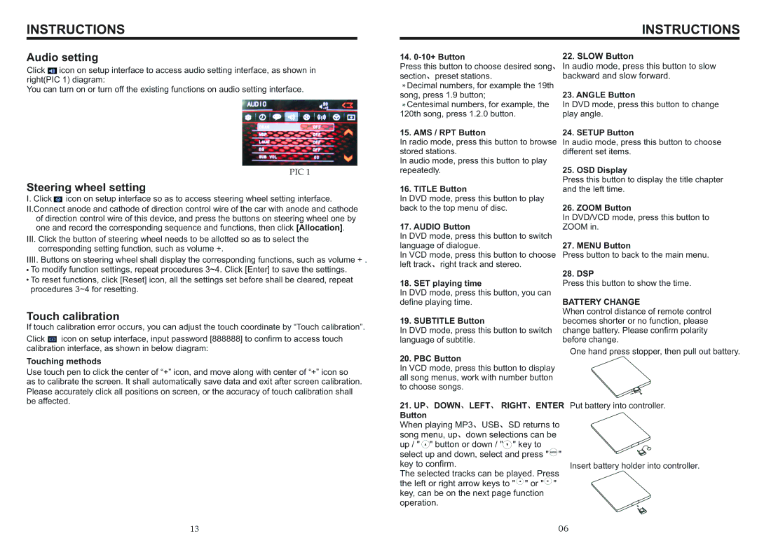 Boss Audio Systems BV9566BI manual Audio setting, Steering wheel setting, Touch calibration 