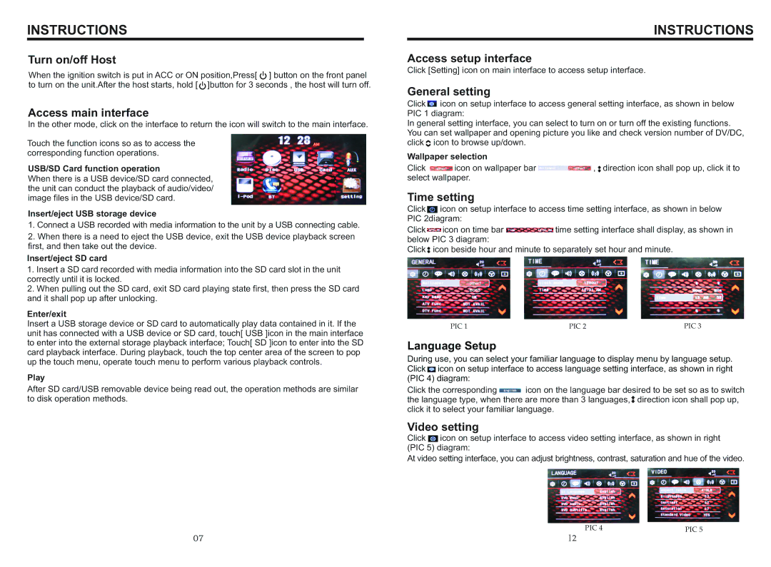 Boss Audio Systems BV9566BI Turn on/off Host, Access main interface, Access setup interface, General setting, Time setting 