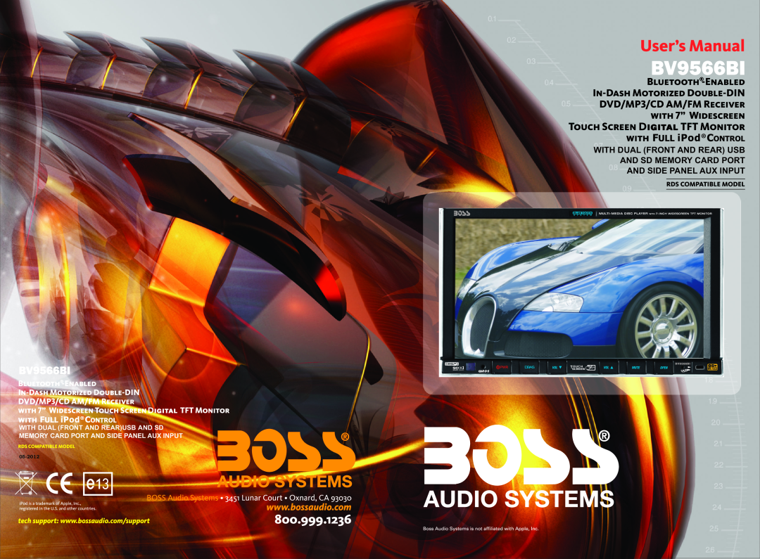 Boss Audio Systems BV9566BI manual With Dual Front And Rear Usb, And Sd Memory Card Port And Side Panel Aux Input, 05-2012 