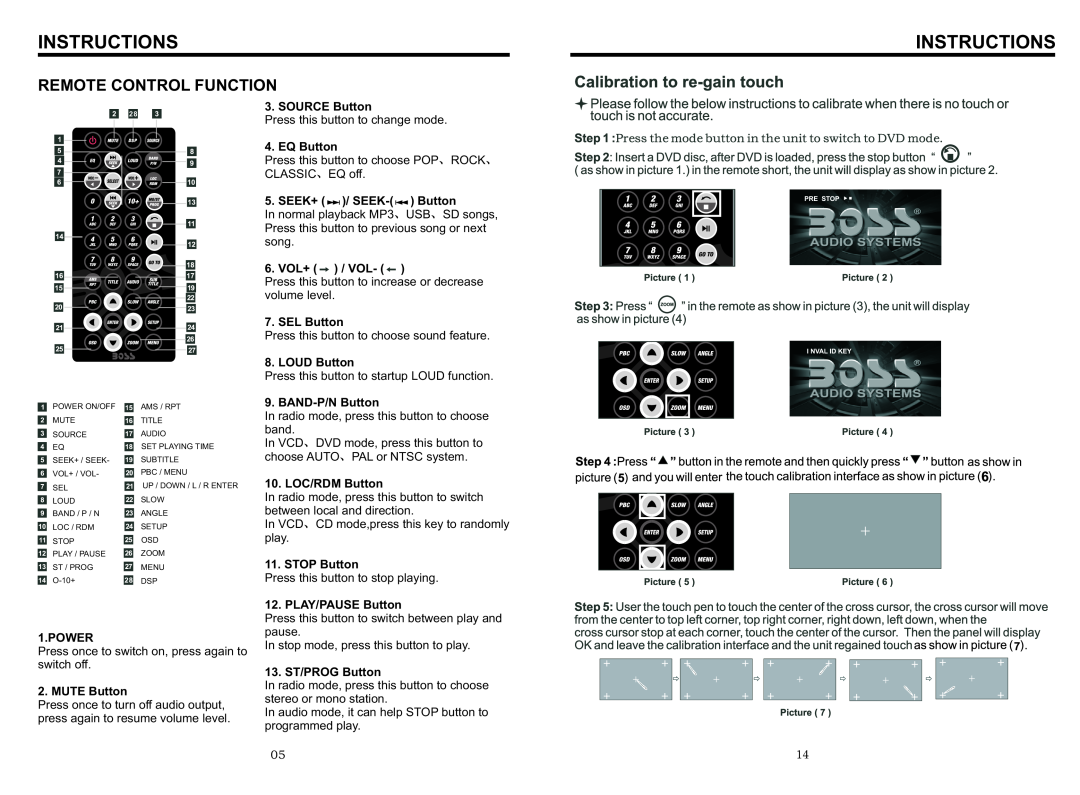 Boss Audio Systems BV9566BI manual Remote Control Function, Instructions 