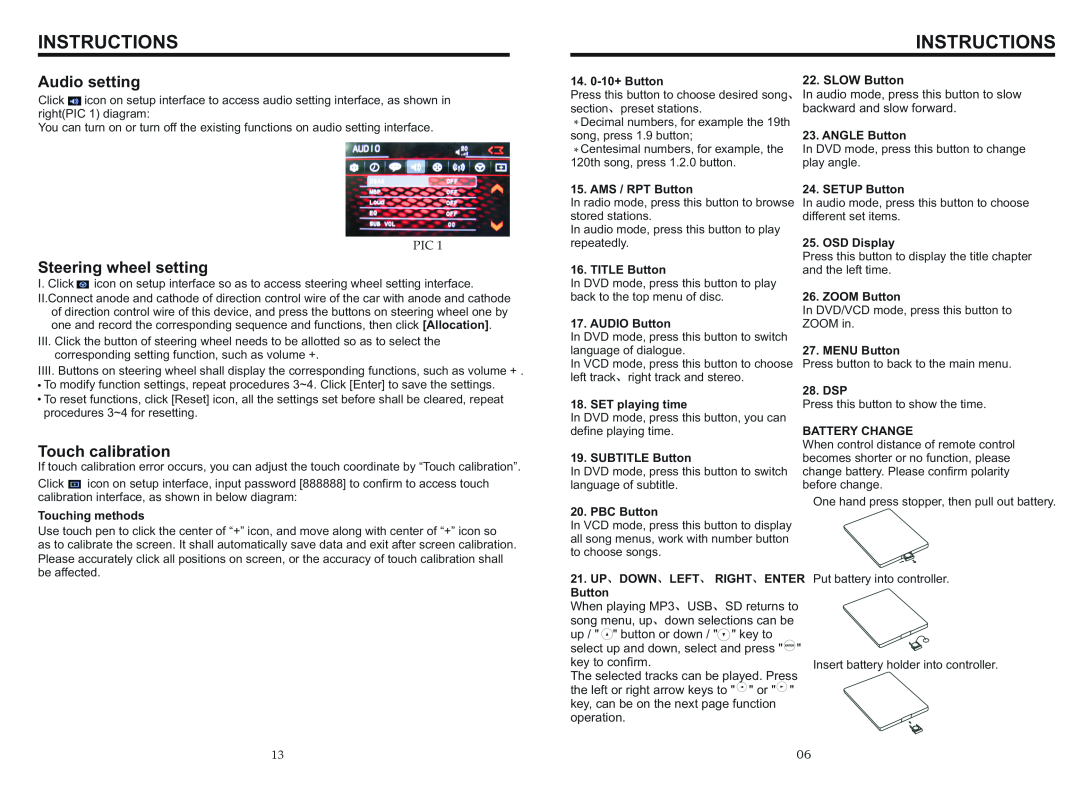 Boss Audio Systems BV9566BI manual Audio setting, Steering wheel setting, Touch calibration, Instructions 