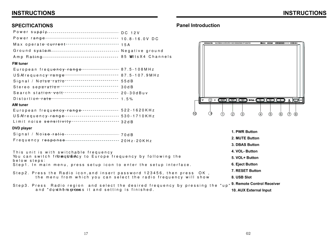 Boss Audio Systems BV9567BI manual Specitications, Panel Introduction 