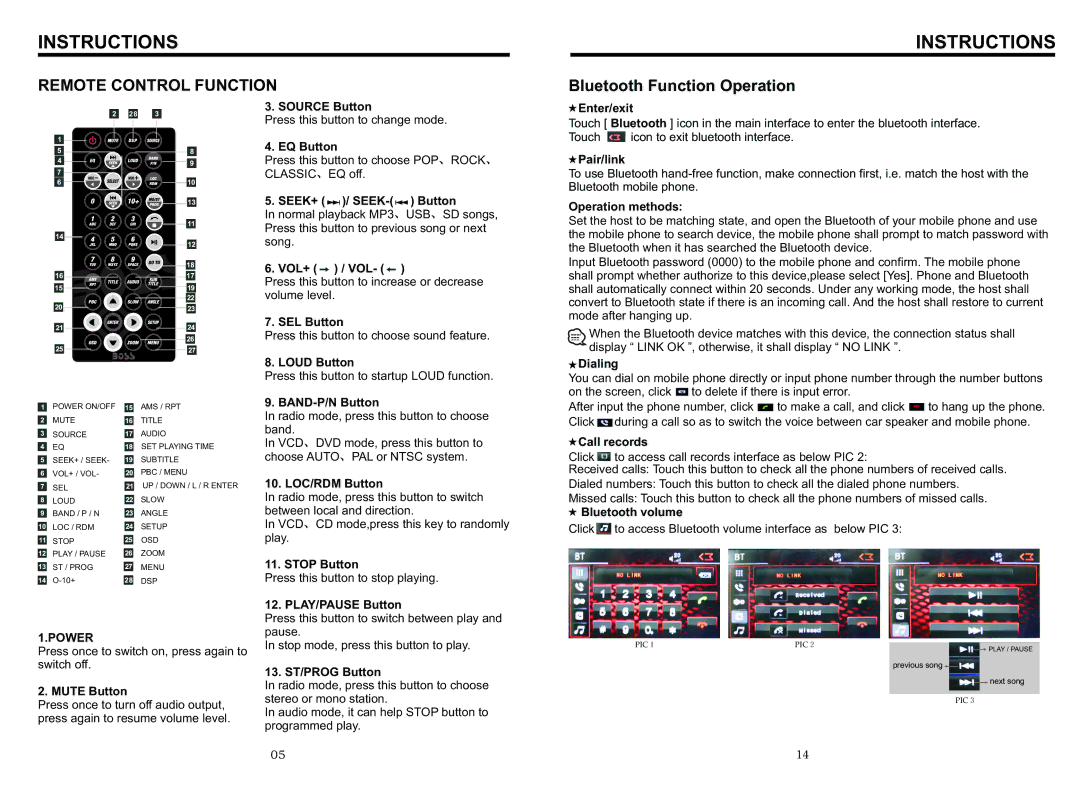 Boss Audio Systems BV9567BI manual Remote Control Function, Bluetooth Function Operation 