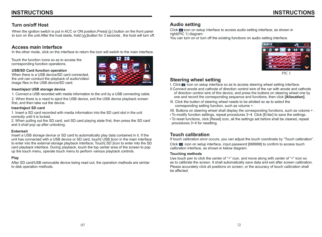 Boss Audio Systems BV9567BI manual Turn on/off Host, Access main interface, Audio setting, Steering wheel setting 