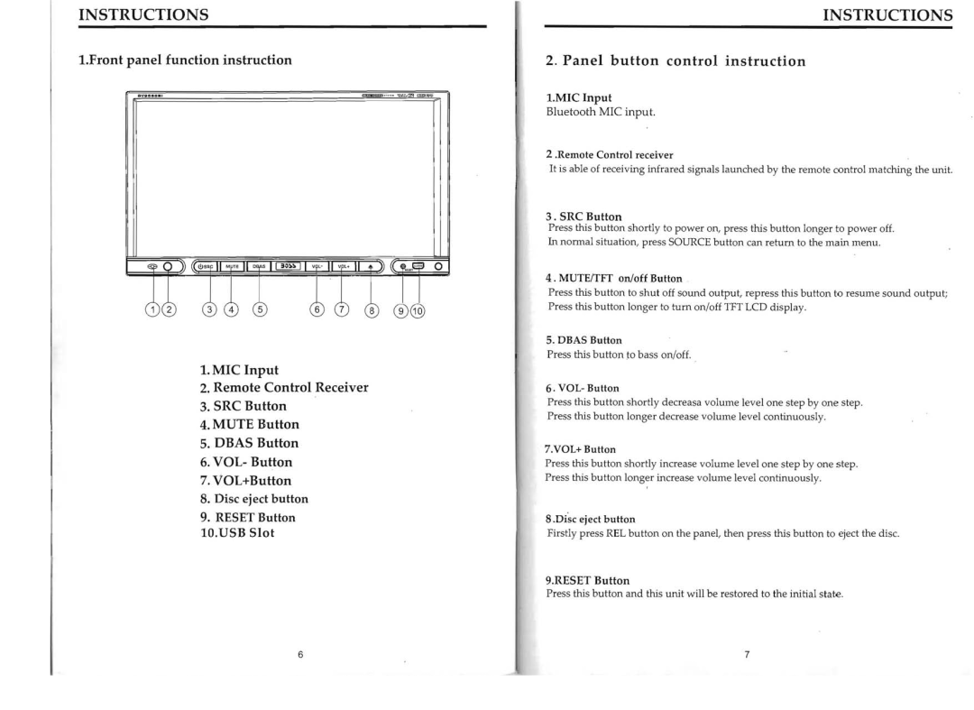 Boss Audio Systems bv9568bi user manual Front panel function instruction, Panel button control instruction 