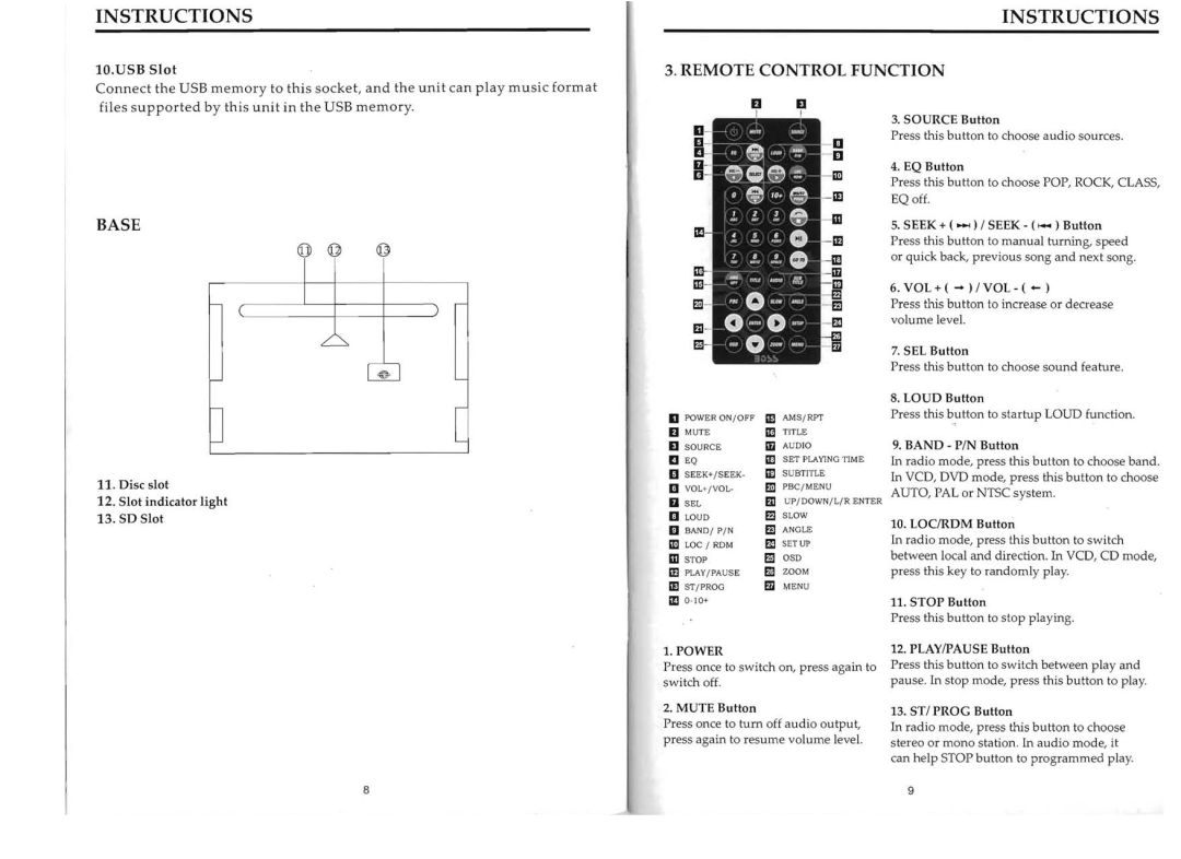 Boss Audio Systems bv9568bi user manual Remote Control Function 