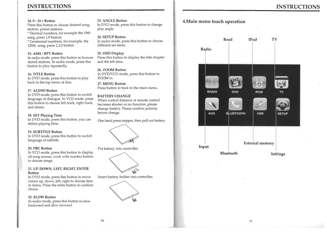 Boss Audio Systems bv9568bi user manual Main menu touch operation, Battery Change 