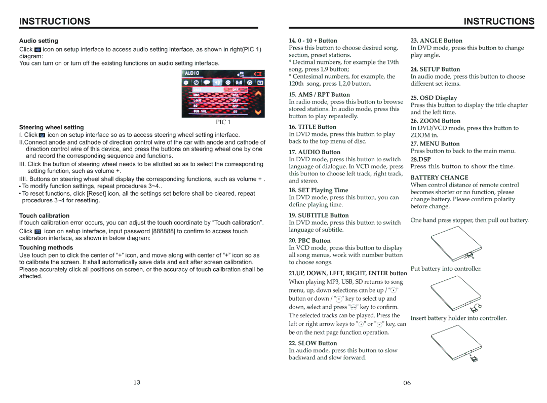 Boss Audio Systems bv9963i manual Audio setting, Steering wheel setting, Touch calibration, Touching methods 