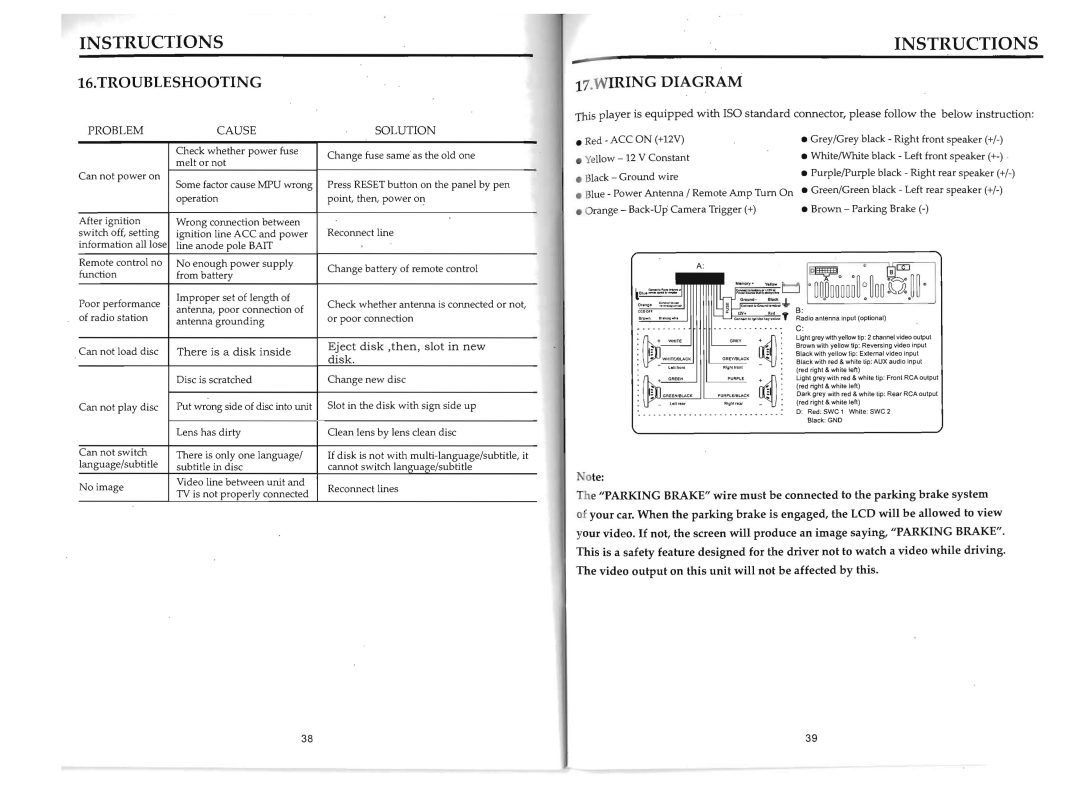 Boss Audio Systems BV9964B manual Troubleshooting, Wiring Diagram, Problem Cause Solution 