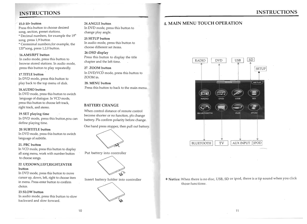 Boss Audio Systems BV9964B manual Main Menu Touch Operation, Cr.r, Radio I DVD 