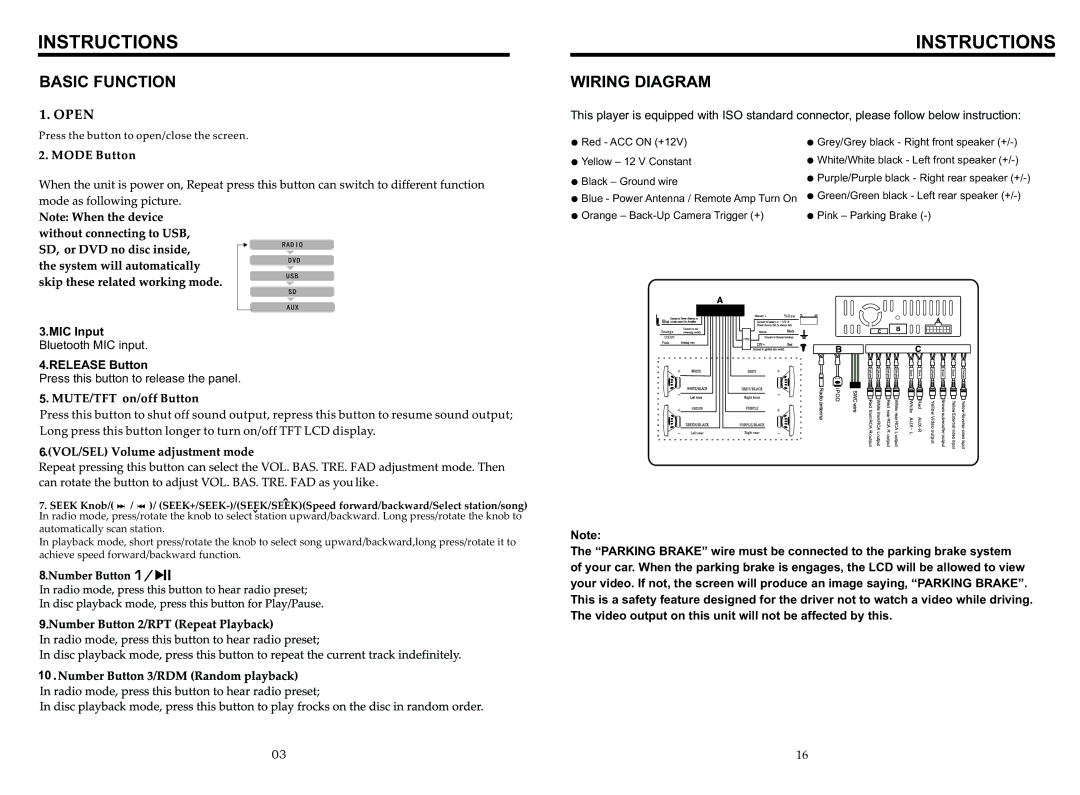 Boss Audio Systems BV9967B manual Basic Function, Wiring Diagram, MIC Input, Release Button 