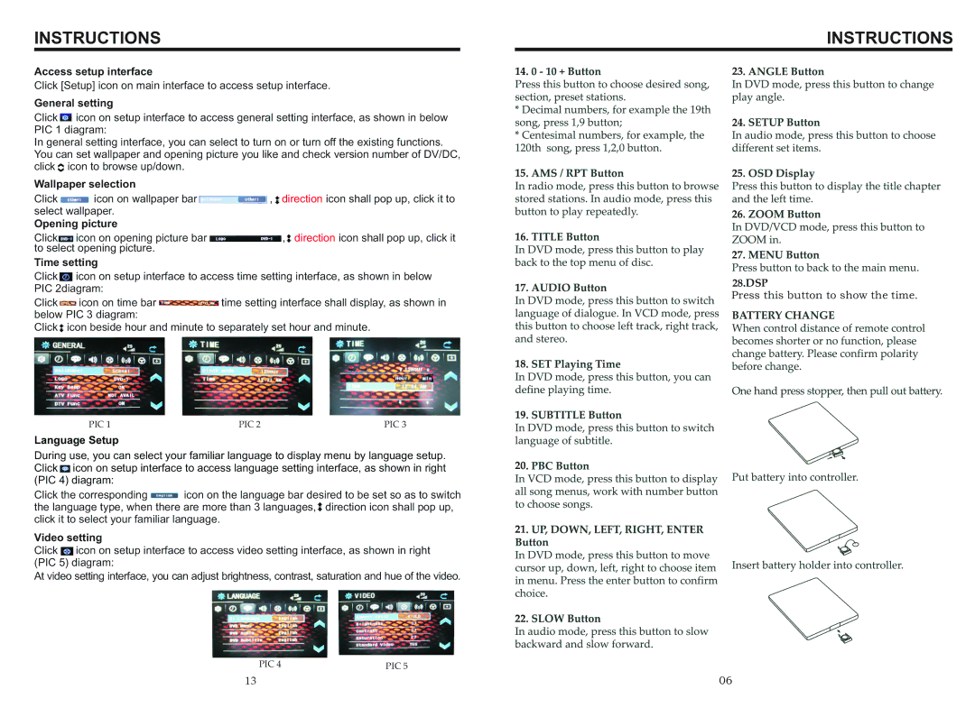 Boss Audio Systems BV9967B Access setup interface, General setting, Wallpaper selection, Opening picture, Time setting 