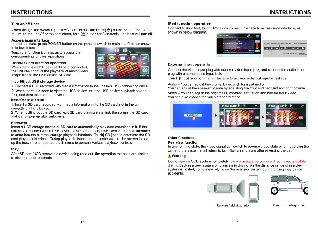 Boss Audio Systems BV9967B Turn on/off Host, Access main interface, IPod function operation, External input operation 