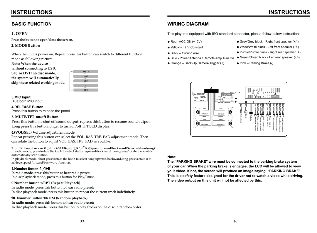Boss Audio Systems BV9967B manual Basic Function, Wiring Diagram, Instructions 