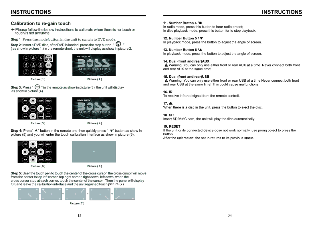 Boss Audio Systems BV9967BI manual Dual front and rearAUX Dual front and rearUSB 16. IR, 18. SD, Reset 