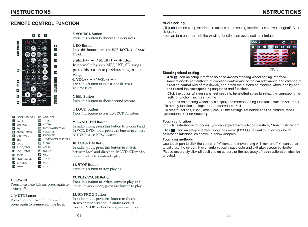 Boss Audio Systems BV9968BI manual Remote Control Function, Audio setting, Steering wheel setting, Touch calibration 