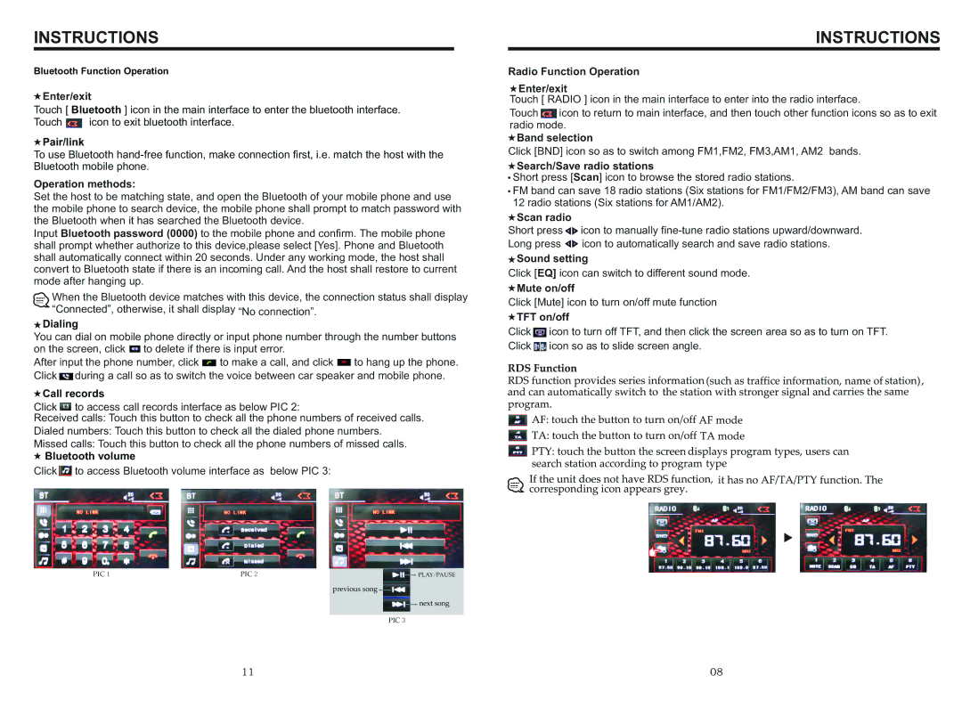 Boss Audio Systems BV9968BI manual Pair/link, Operation methods, Dialing, Call records, Bluetooth volume, Band selection 