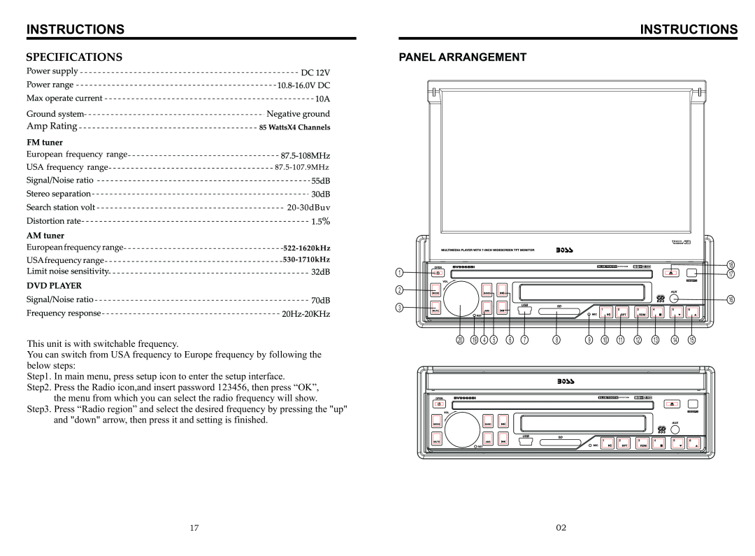 Boss Audio Systems BV9968BI manual Instructions, Panel Arrangement 