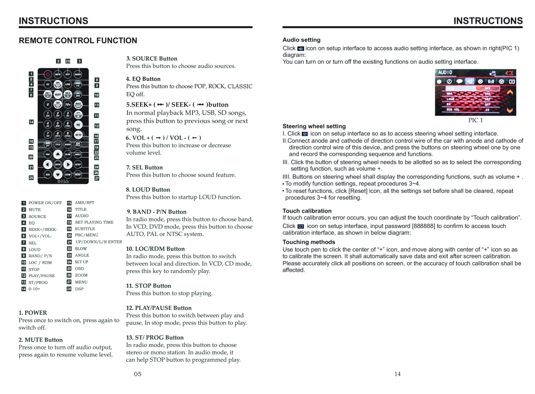 Boss Audio Systems BV9968BI manual Remote Control Function, Instructions, SEEK+ / SEEK- button 