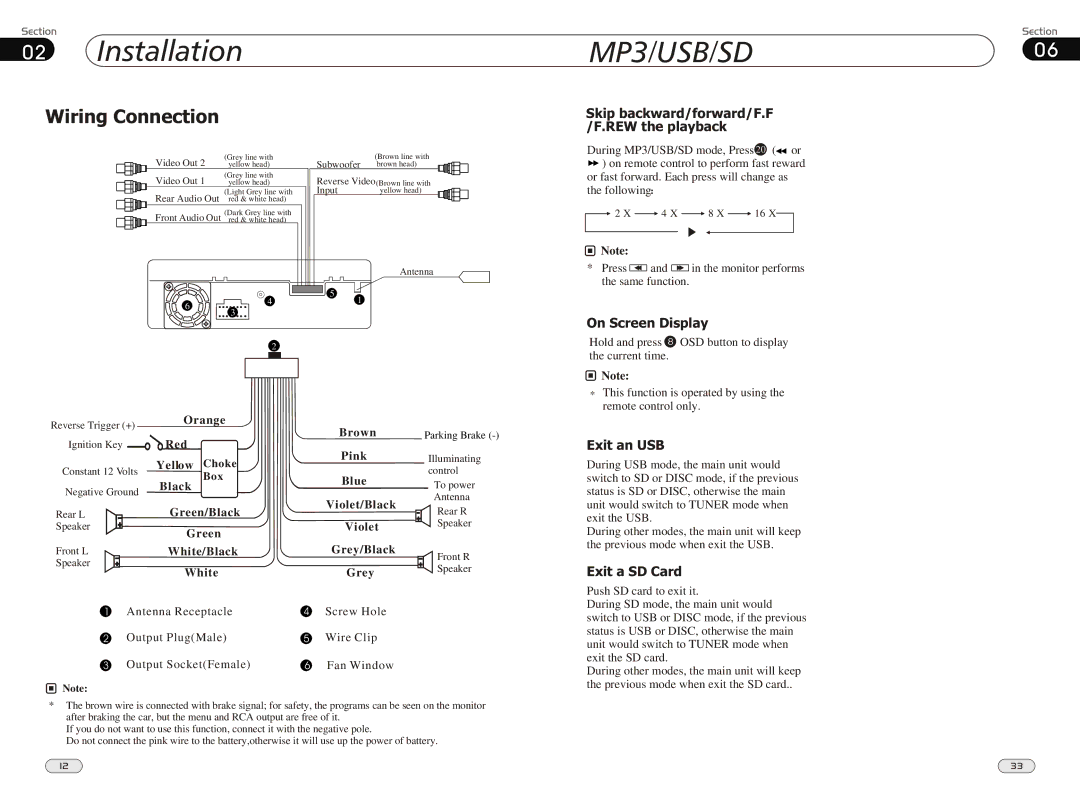 Boss Audio Systems BV9980 manual Installation, MP3/USB/SD06, Wiring Connection, Exit an USB, Exit a SD Card 