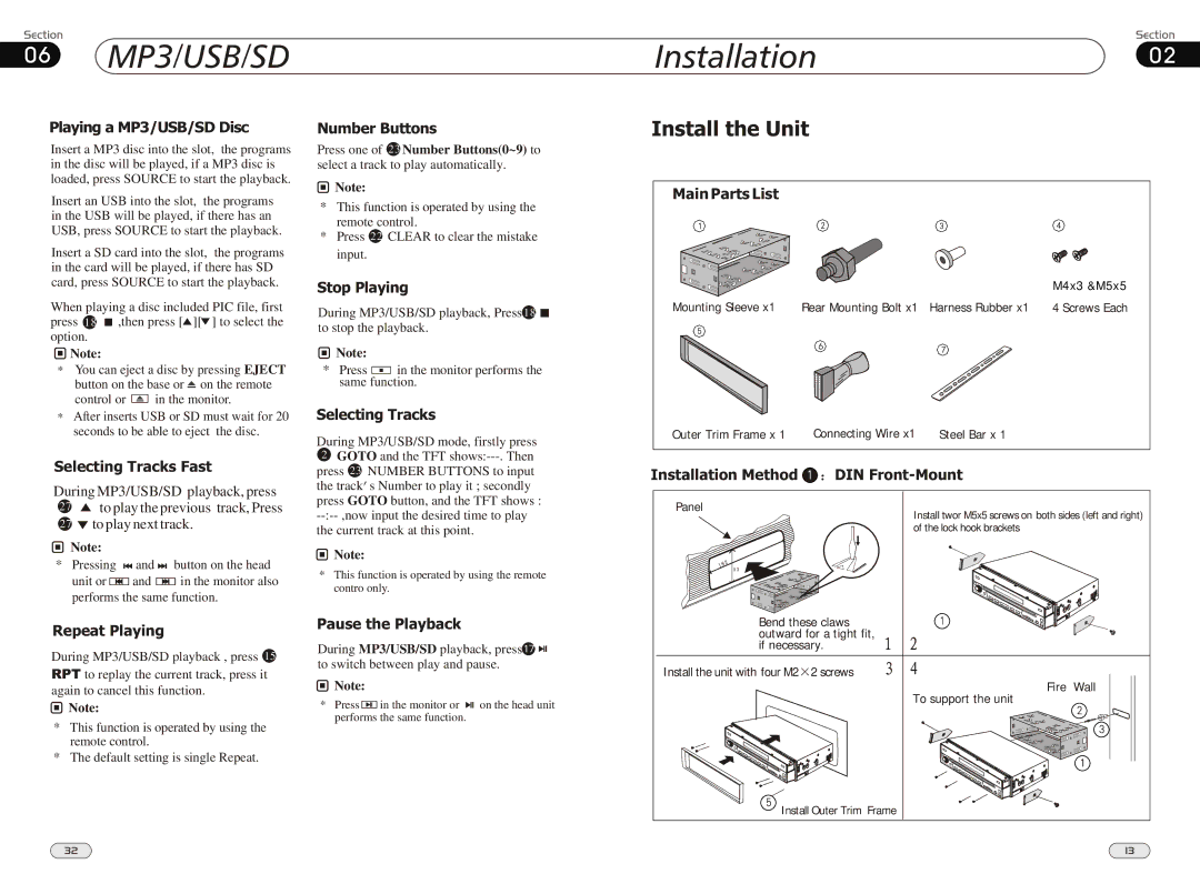 Boss Audio Systems BV9980 manual MP3/USB/SD, Install the Unit 