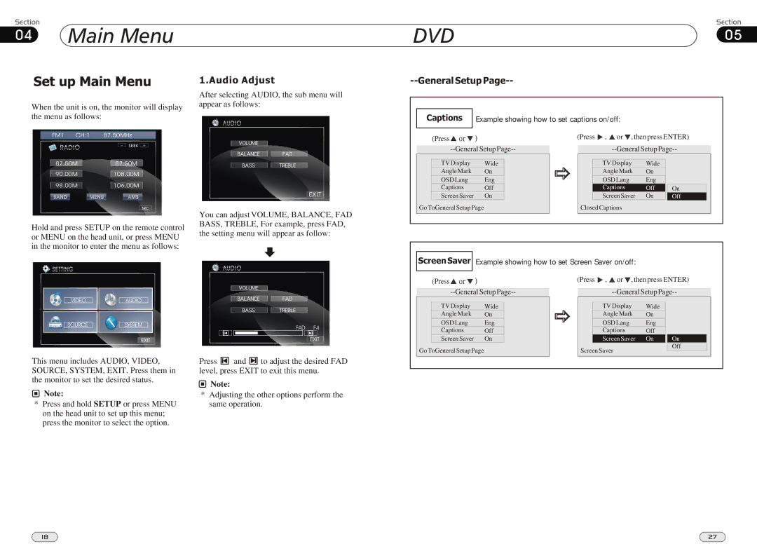 Boss Audio Systems BV9980 manual Set up Main Menu, Audio Adjust, General Setup 