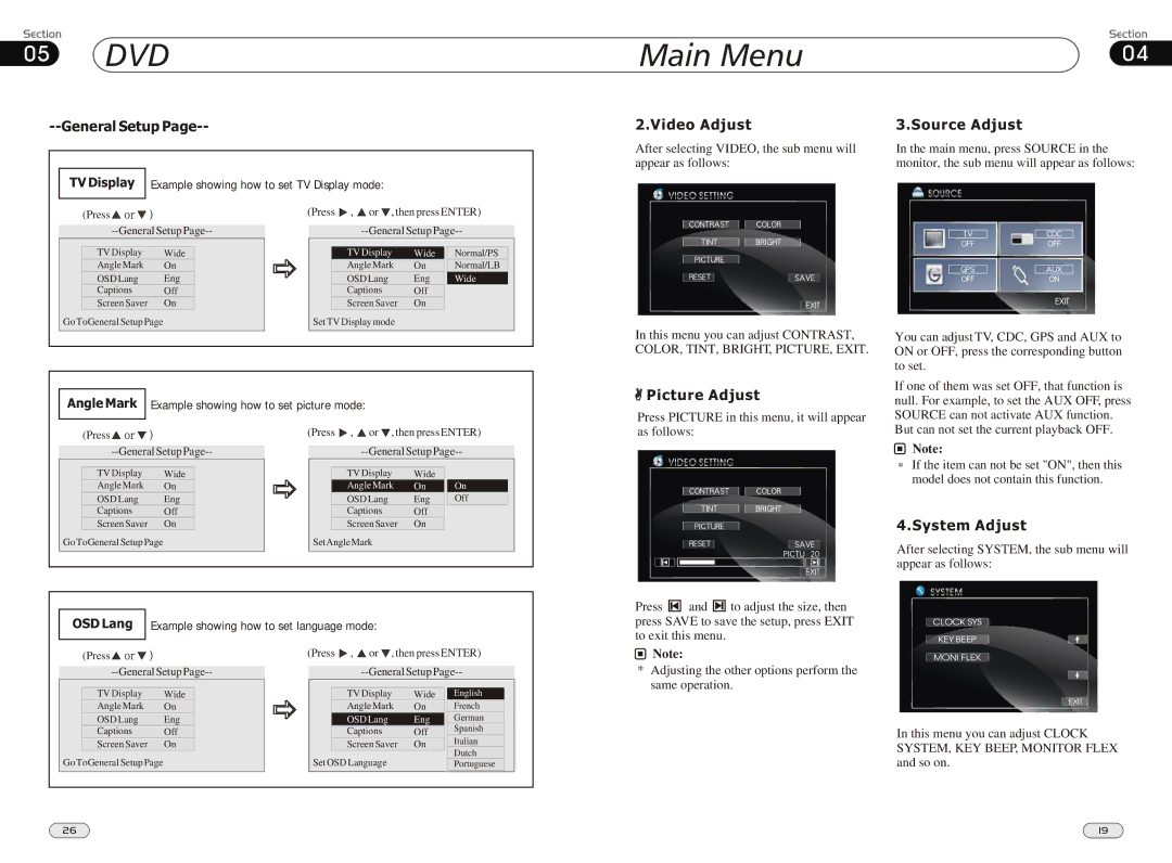 Boss Audio Systems BV9980 manual Video Adjust Source Adjust, Picture Adjust, System Adjust 