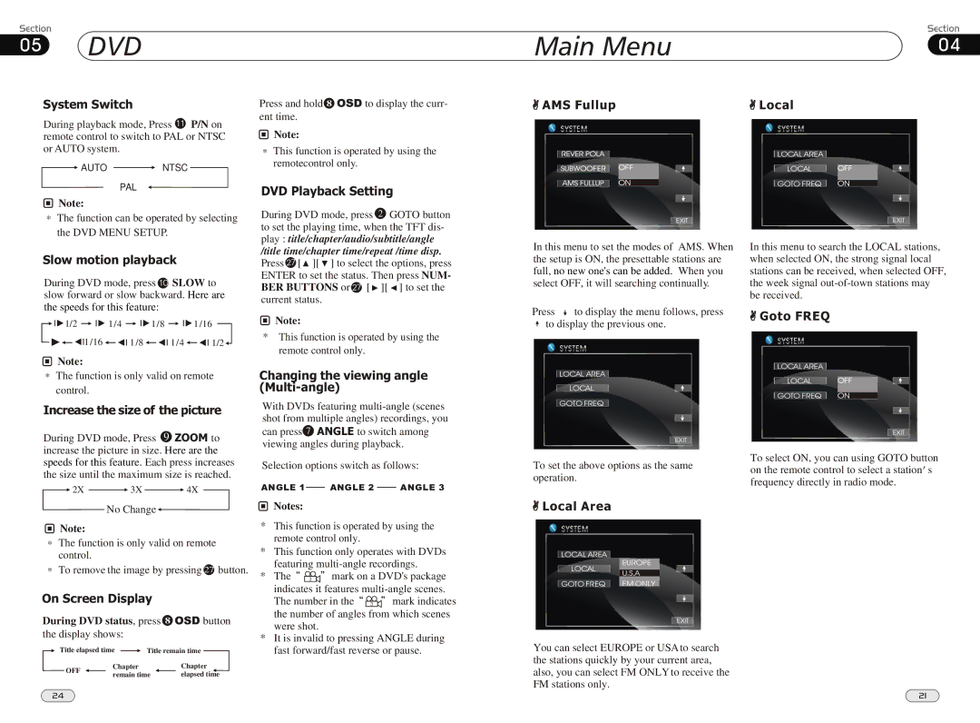 Boss Audio Systems BV9980 DVD Main Menu, AMS Fullup Local, Changing the viewing angle Multi-angle, Local Area, Goto Freq 