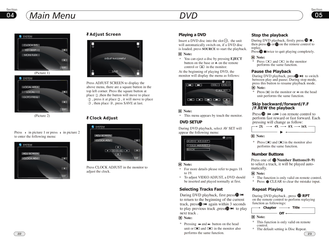 Boss Audio Systems BV9980 manual Adjust Screen Playing a DVD Stop the playback, Clock Adjust 