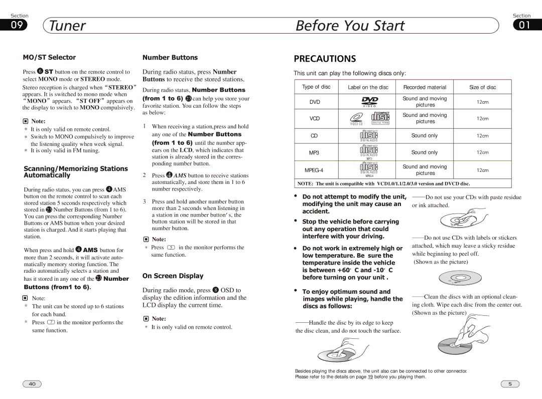 Boss Audio Systems BV9980 manual Tuner Before You Start, MO/ST Selector, On Screen Display 