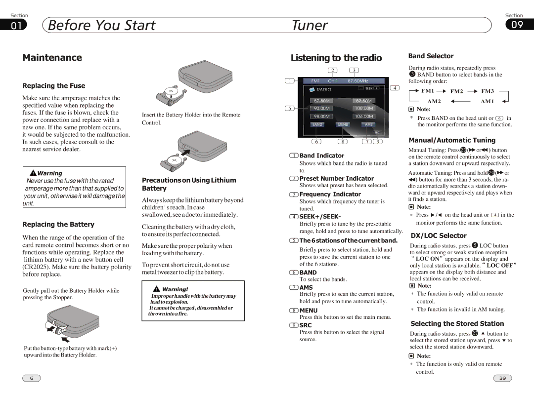 Boss Audio Systems BV9980 manual Before You Start Tuner, Maintenance, Listening to the radio 