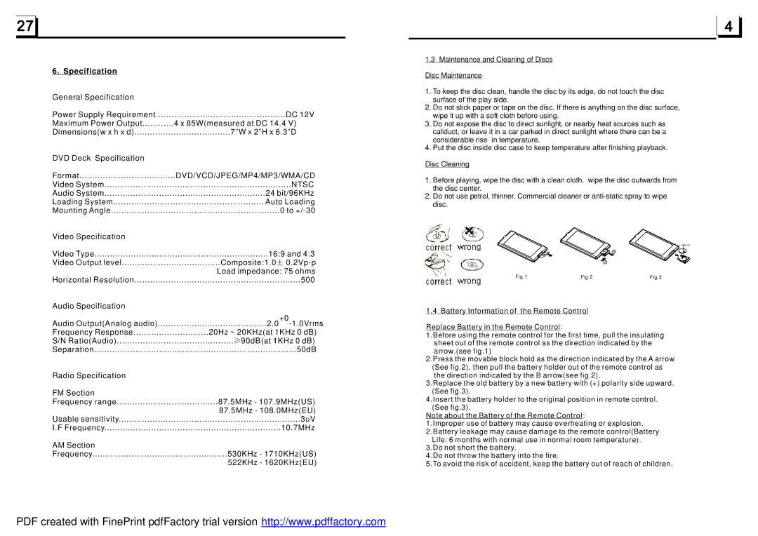 Boss Audio Systems BV9982U user manual Specification 