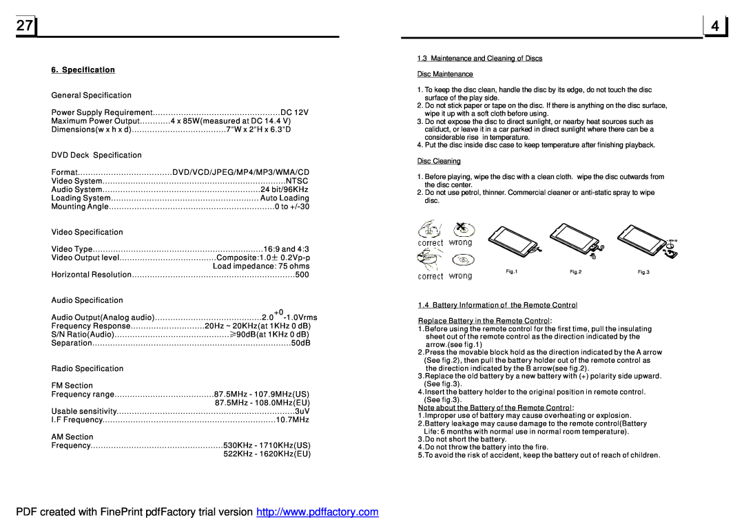 Boss Audio Systems BV9982U user manual Specification 