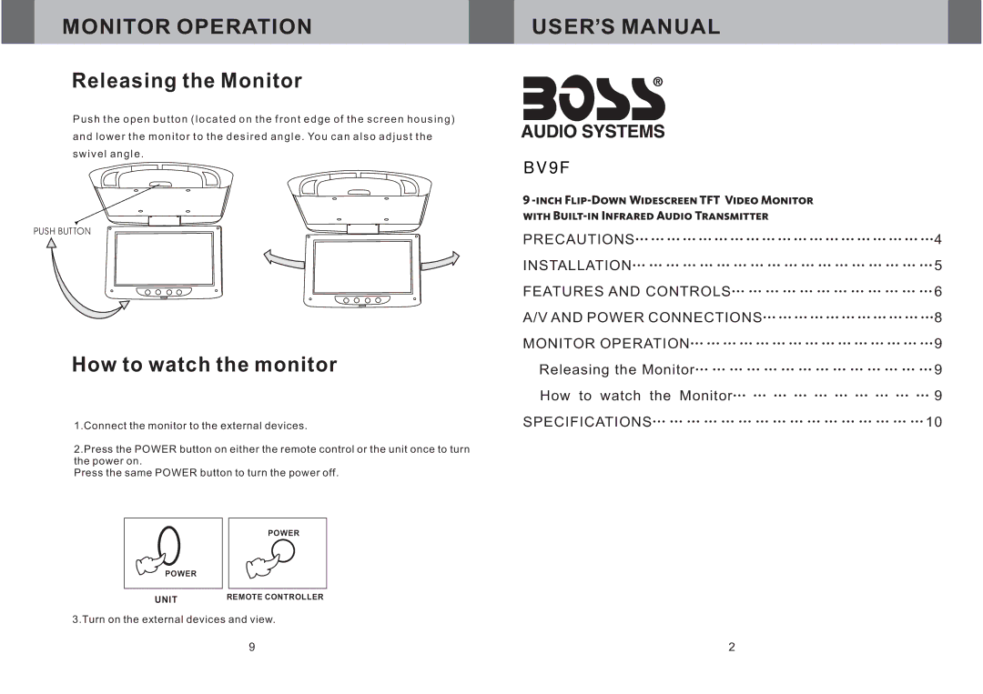 Boss Audio Systems BV9F user manual Monitor Operation 