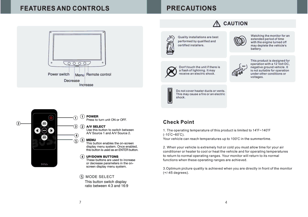 Boss Audio Systems BV9F user manual Features and Controls, Decrease Increase 