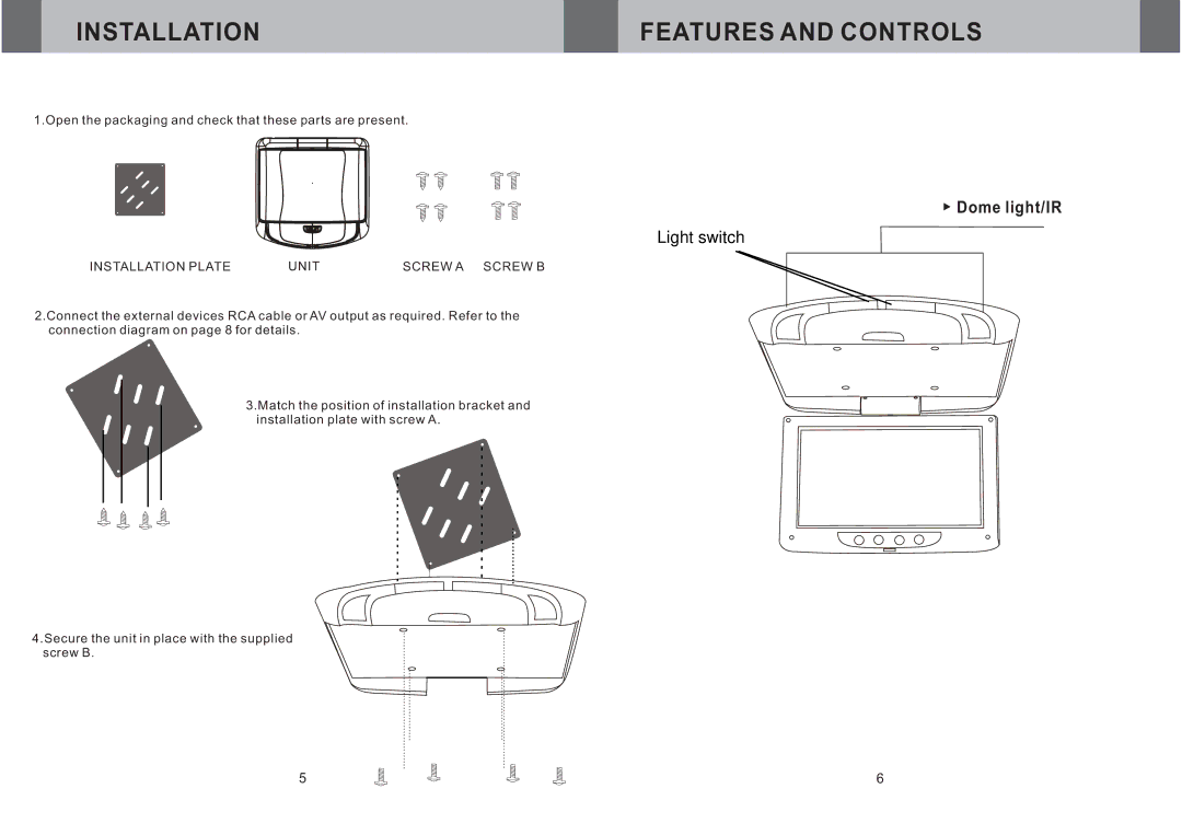 Boss Audio Systems BV9F user manual Installation Features and Controls, Light switch 