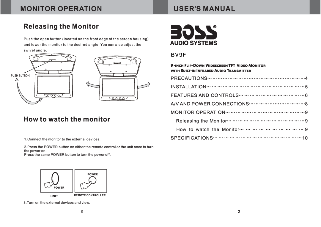 Boss Audio Systems BV9F user manual Releasing the Monitor, How to watch the monitor, Monitor Operation, User,S Manual 