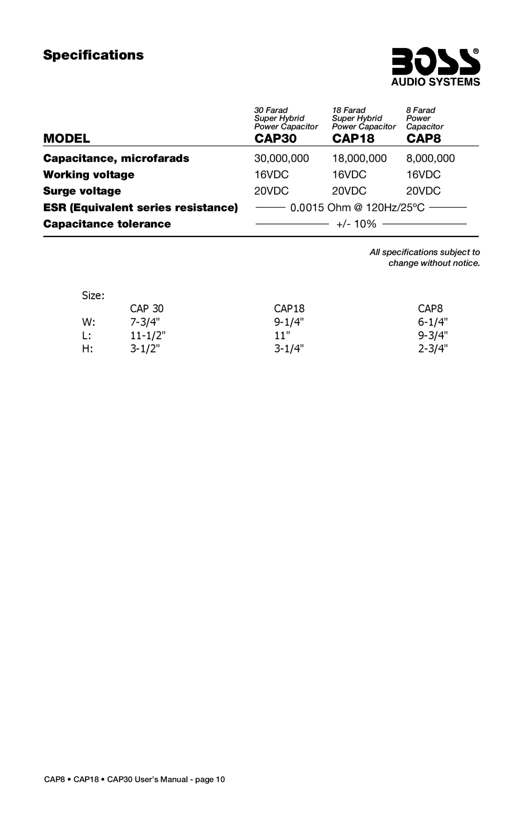 Boss Audio Systems specifications Specifications, Model CAP30 CAP18 CAP8 