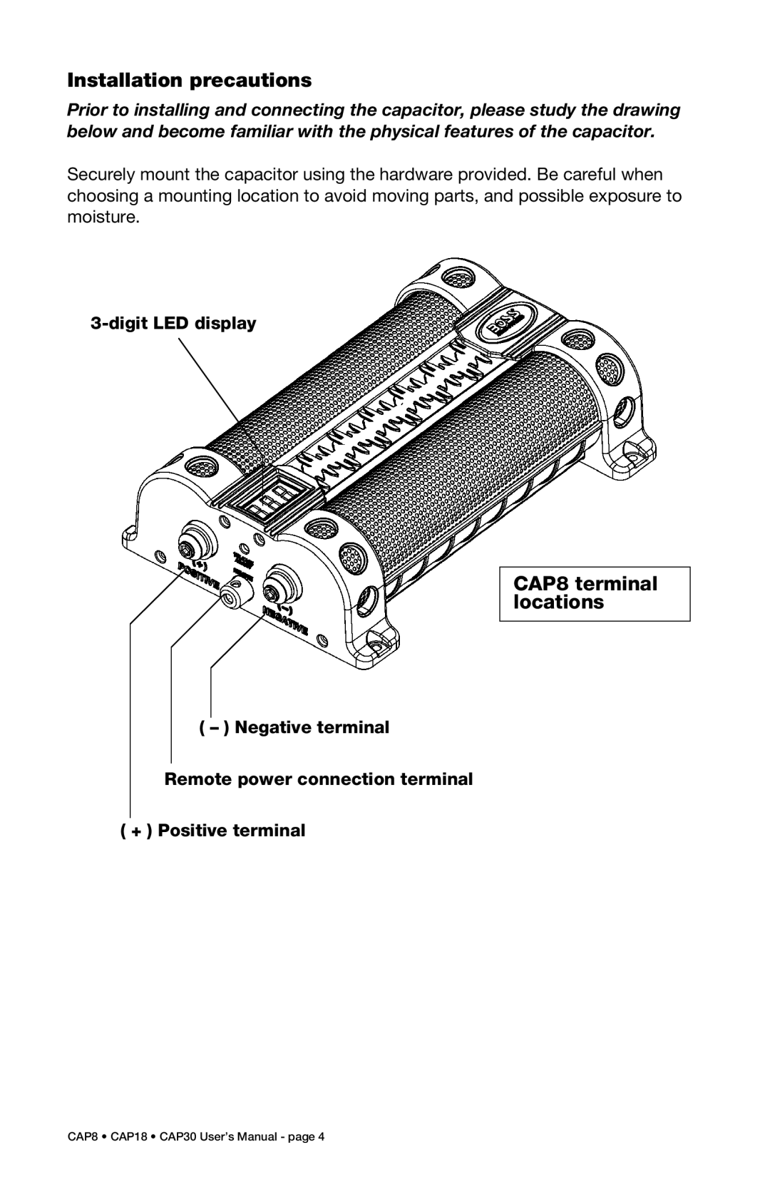 Boss Audio Systems CAP30, CAP18 specifications Installation precautions, CAP8 terminal locations 